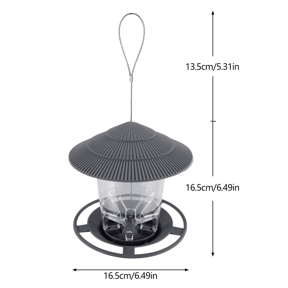 Hanging metal bird feeder with weatherproof roof