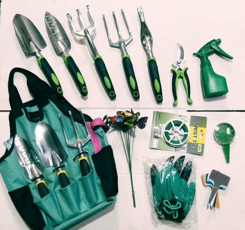 13-piece garden tool set with green tote bag flat lay