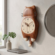 Tail Wagging Cat Shaped Wooden Wall Clock