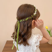 Forest Fairy Green Vine Pearl Kids Braided Headband