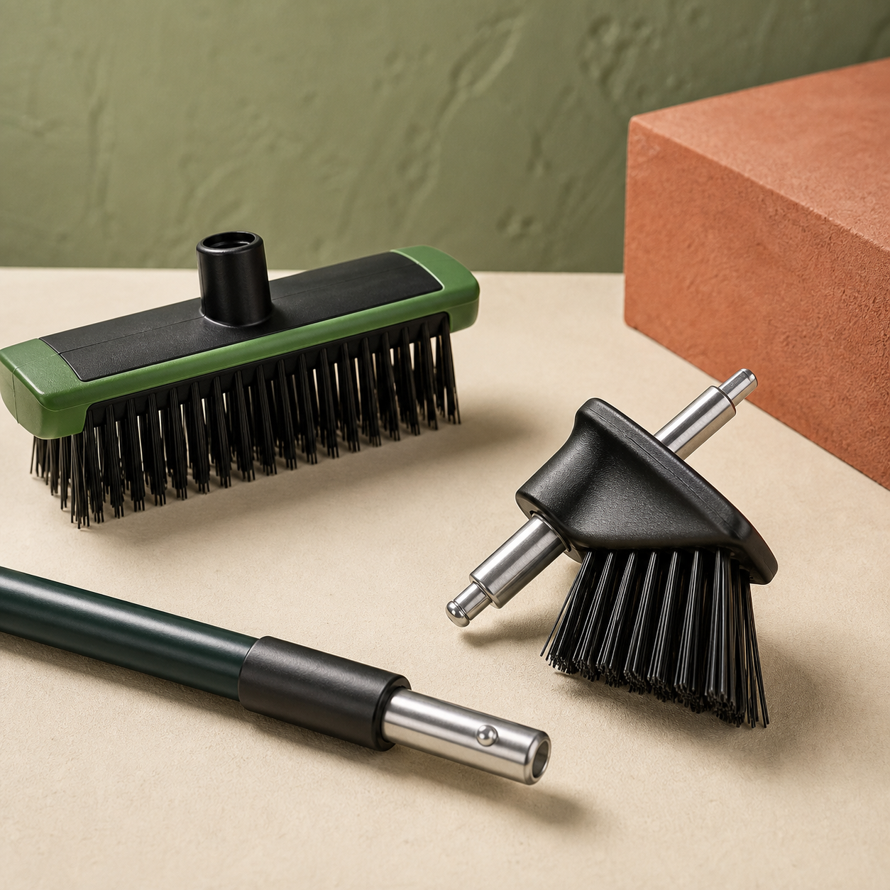 Close-up of steel bristles and detachable weed brush heads