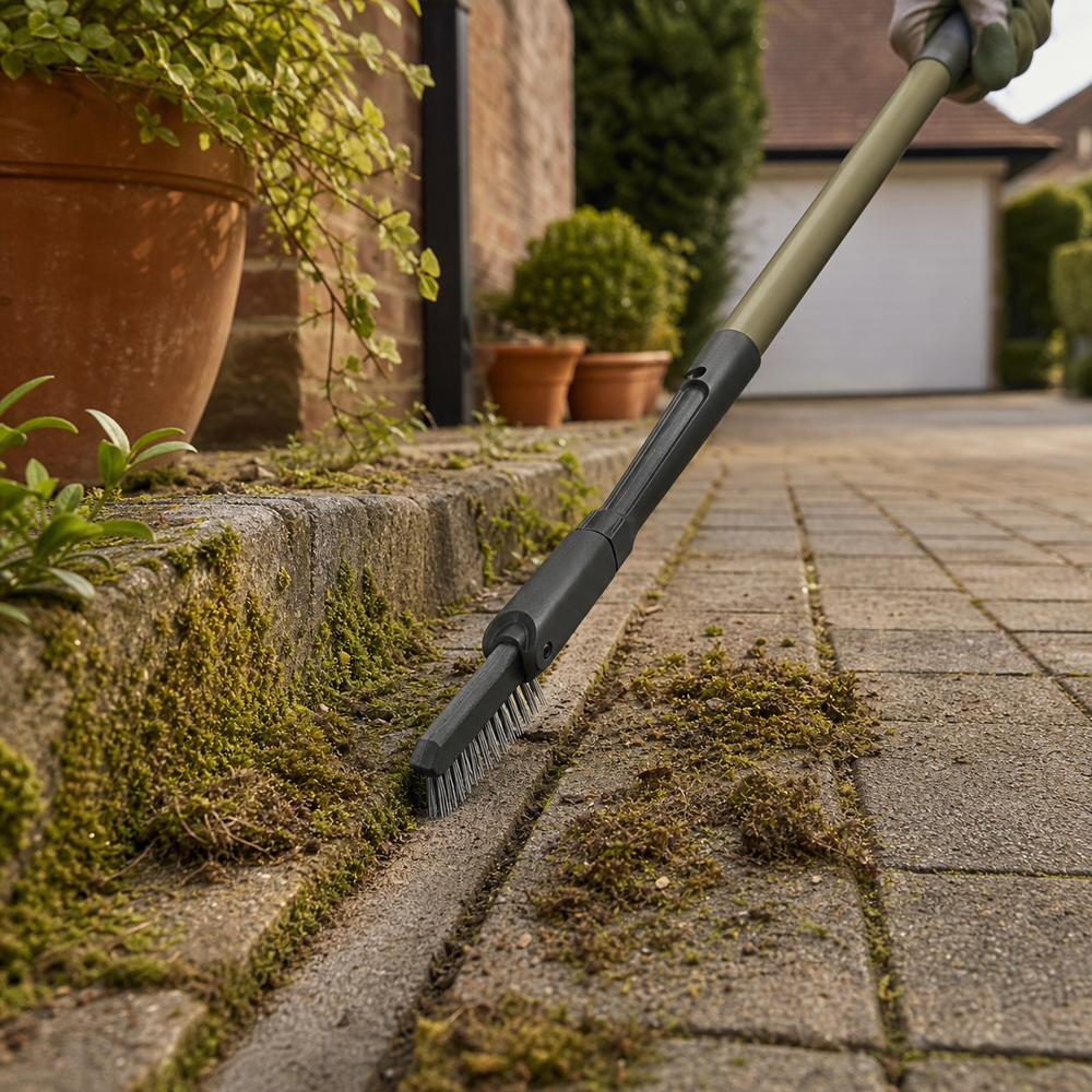 Wire weed brush cleaning moss from a paving joint