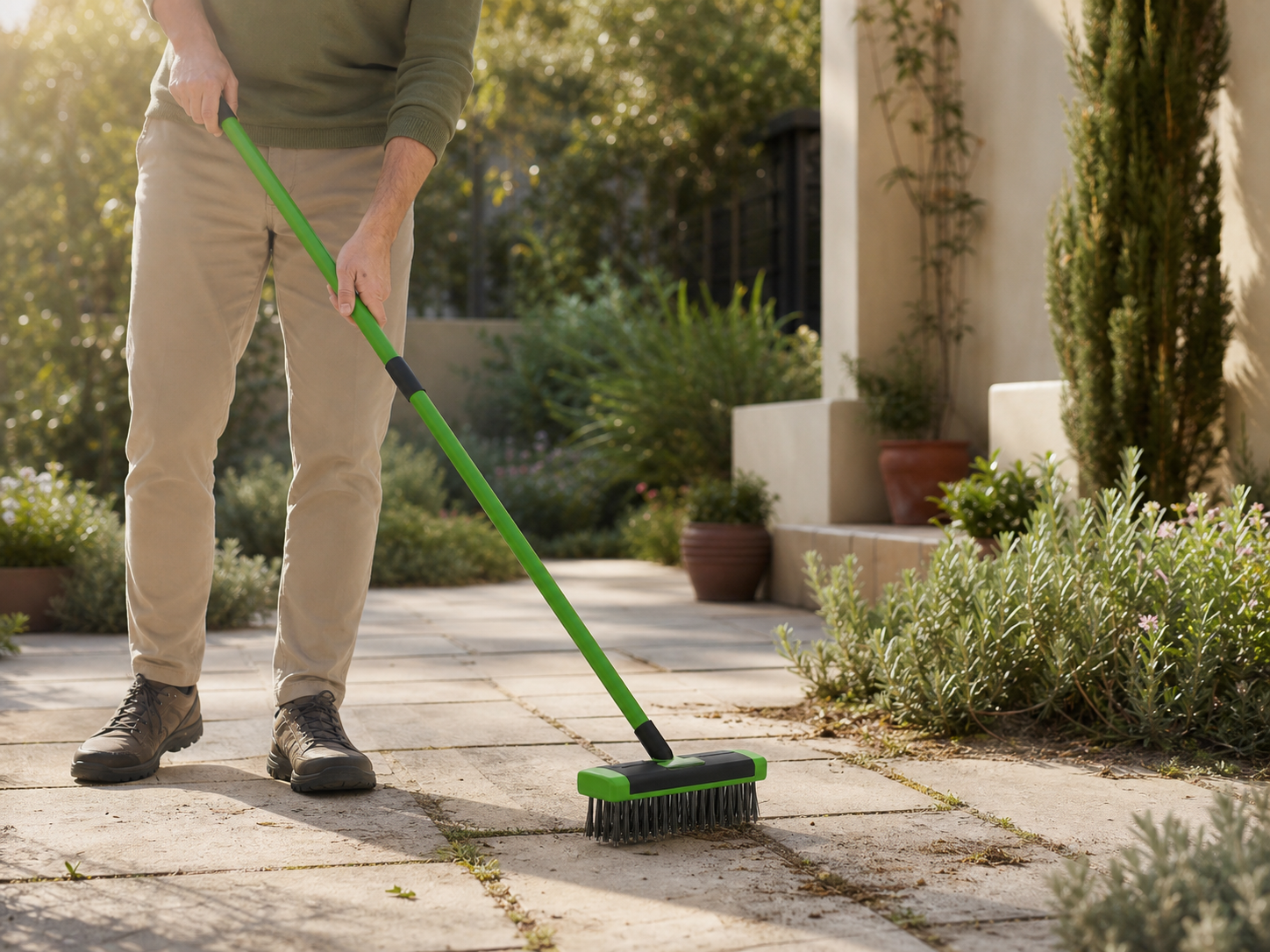 Long-handle wire weed brush cleaning patio joints